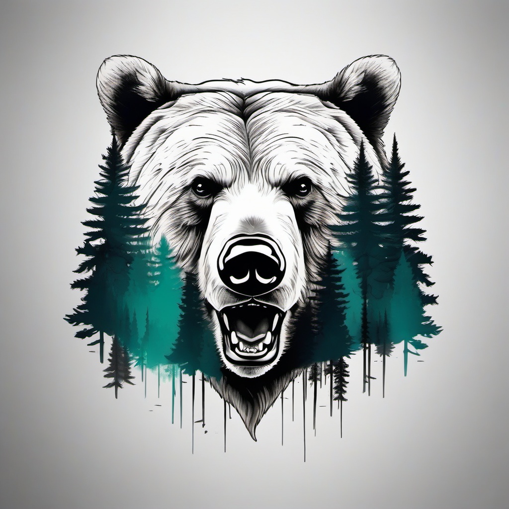 bear with forest tattoo  simple color tattoo,white background