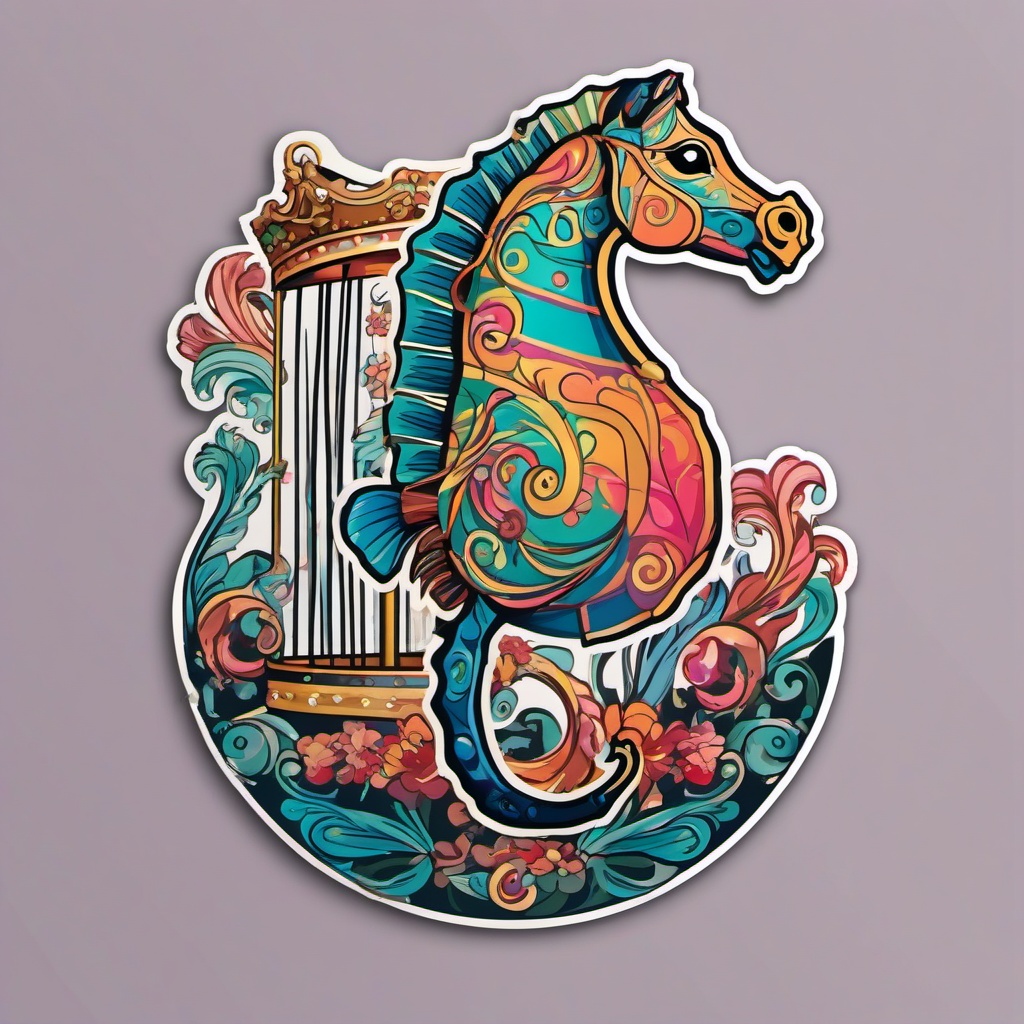 Seahorse Carousel Sticker - A whimsical seahorse on a colorful carousel. ,vector color sticker art,minimal