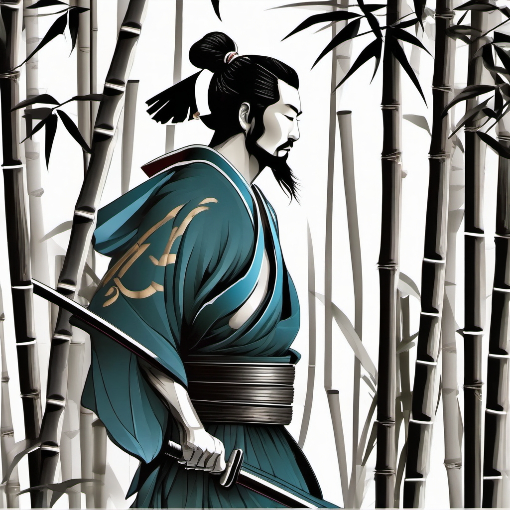 Majestic samurai tattoo through bamboo groves.  color tattoo,minimalist,white background