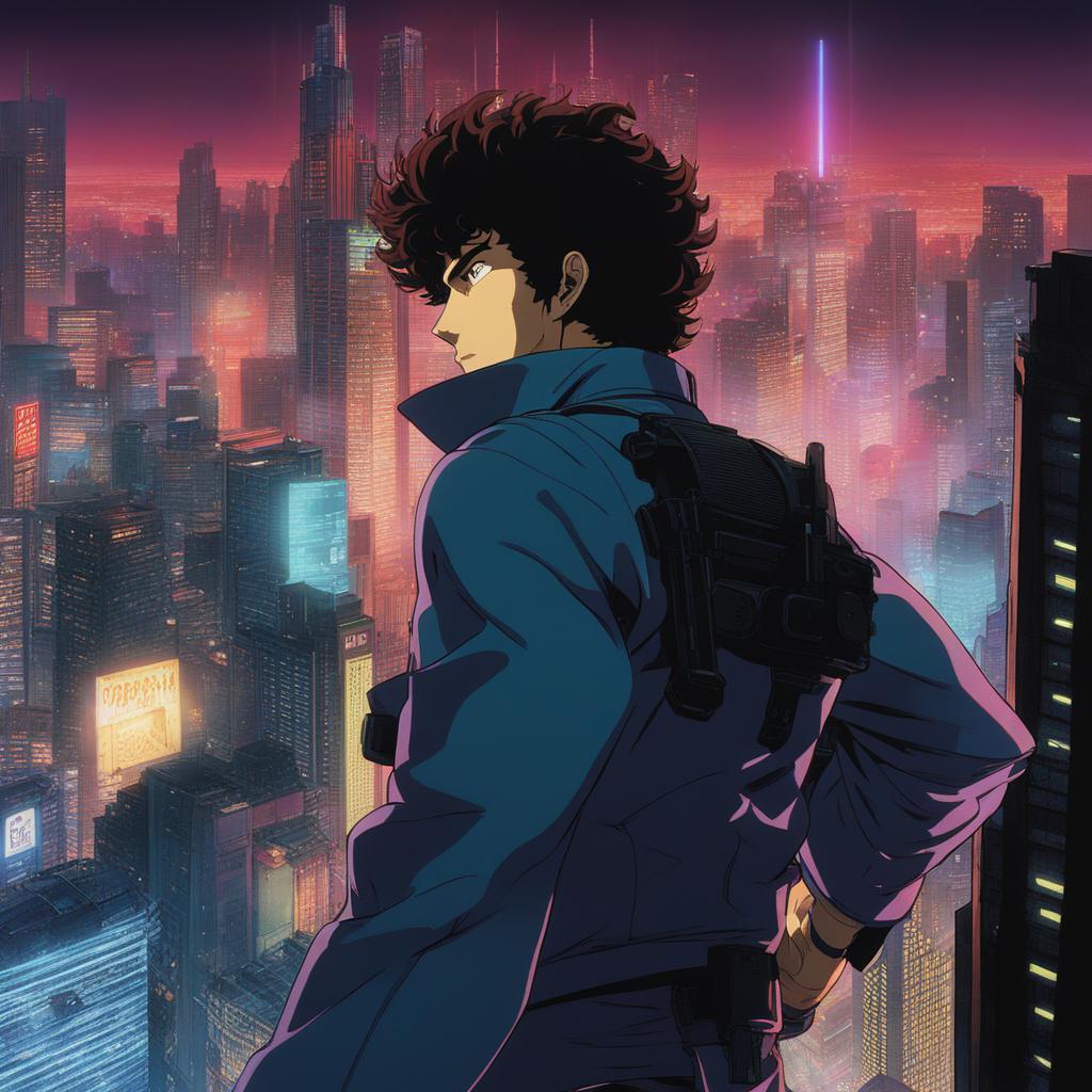 spike spiegel dives into a gunfight amid neon lights and skyscrapers in a futuristic metropolis. 