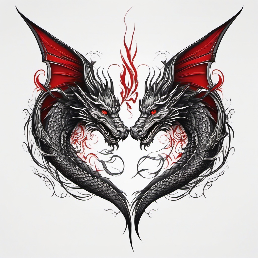 Twin Dragon Tattoo - Tattoo featuring two dragons for a symmetrical look.  simple color tattoo,minimalist,white background