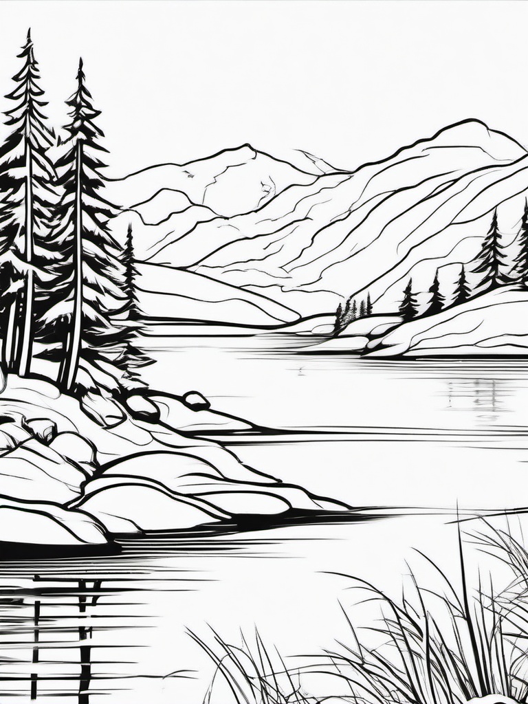 Winter Lake Coloring Pages - Frozen Lakes in Serene Winter Scenes  minimal black outline printable sheet, coloring page