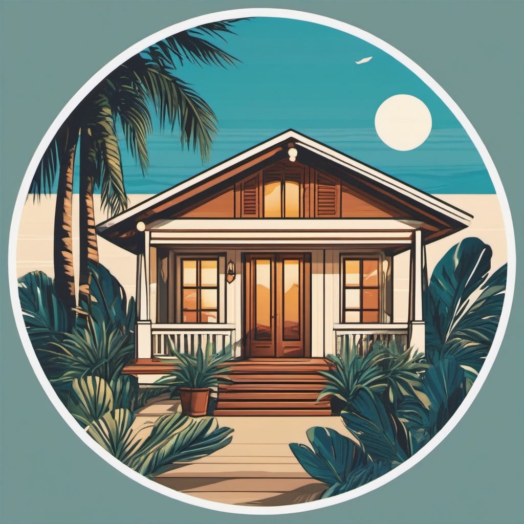 Coastal Bungalow Sticker - Capture the laid-back vibes of coastal living with the sunny and coastal bungalow sticker, , sticker vector art, minimalist design