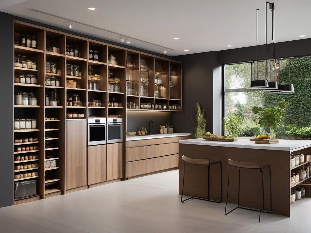 The pantry showcases urban modern interior design with efficient shelving, minimalist storage solutions, and a clean aesthetic that makes food storage both practical and visually appealing.  