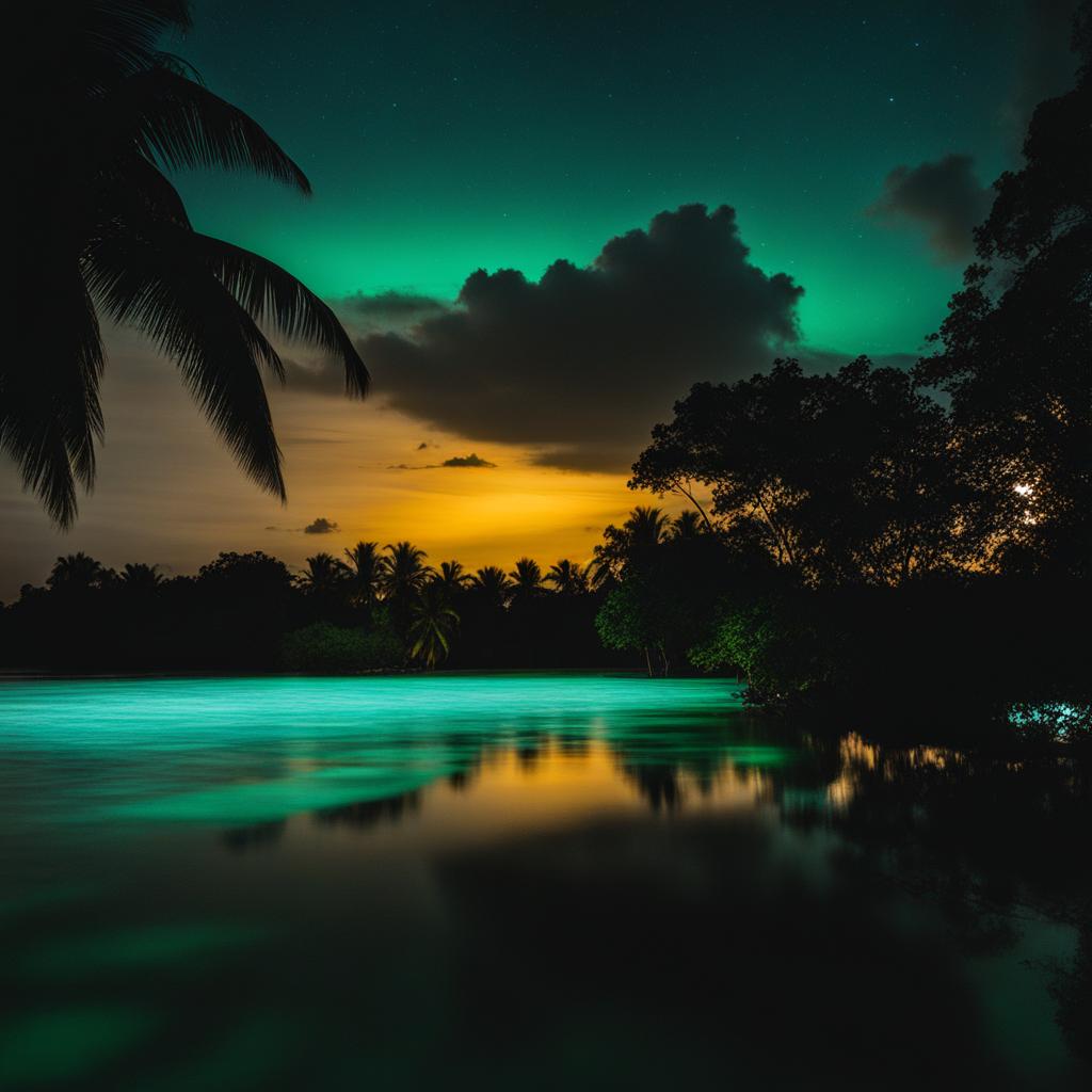 bacalar lagoon - paint the mesmerizing night atmosphere of bacalar lagoon, known as the lake of seven colors, with bioluminescent waters shimmering in the dark. 