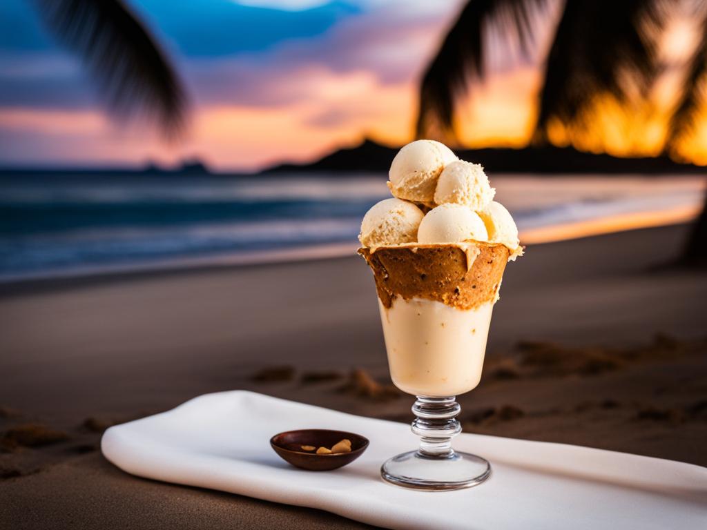 coconut almond fudge chip ice cream shared on a tropical beach at sunset. 