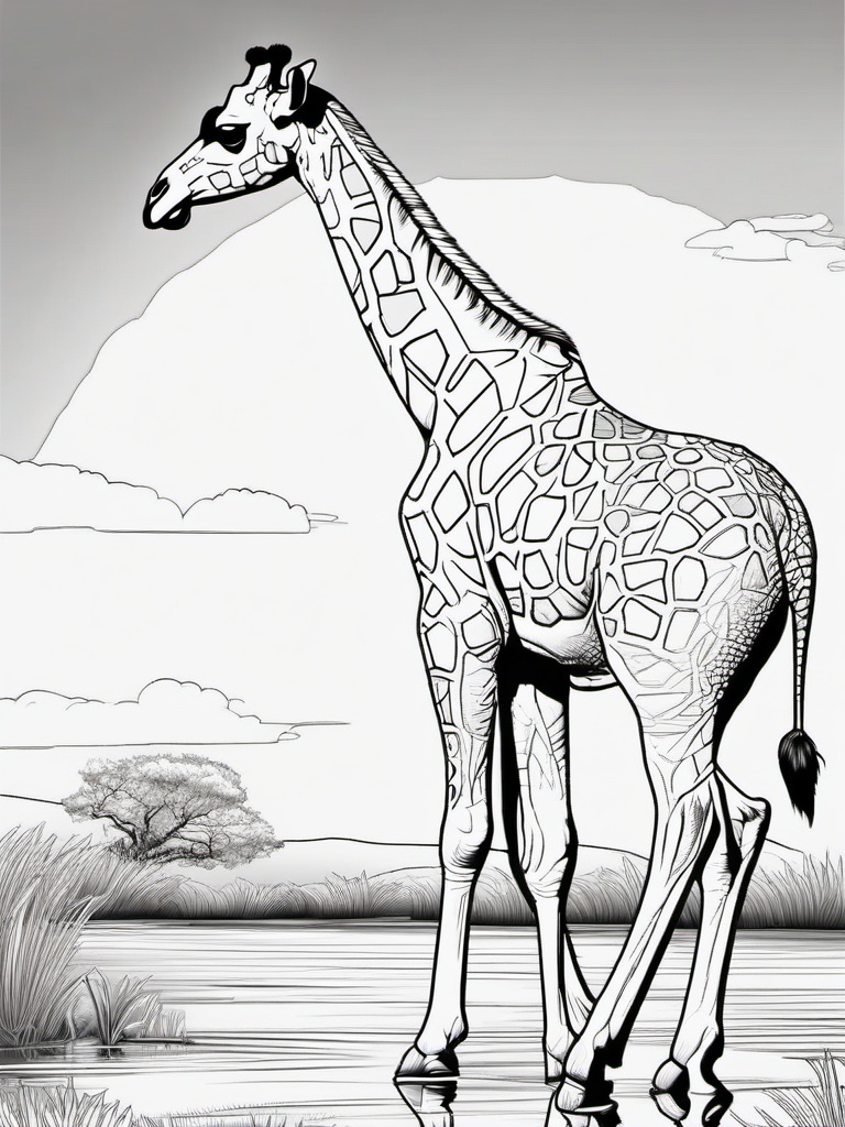 Giraffe Coloring Pages - Giraffe standing next to a watering hole  simple coloring pages