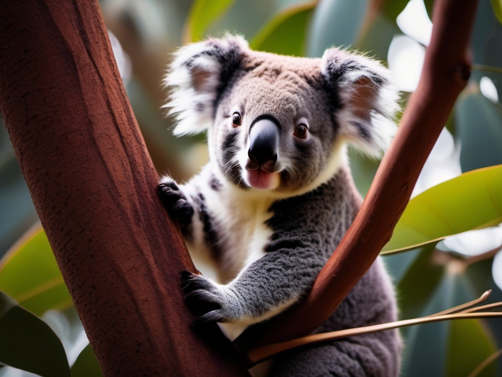 Cute Koala Navigating an Eucalyptus Canopy 8k, cinematic, vivid colors