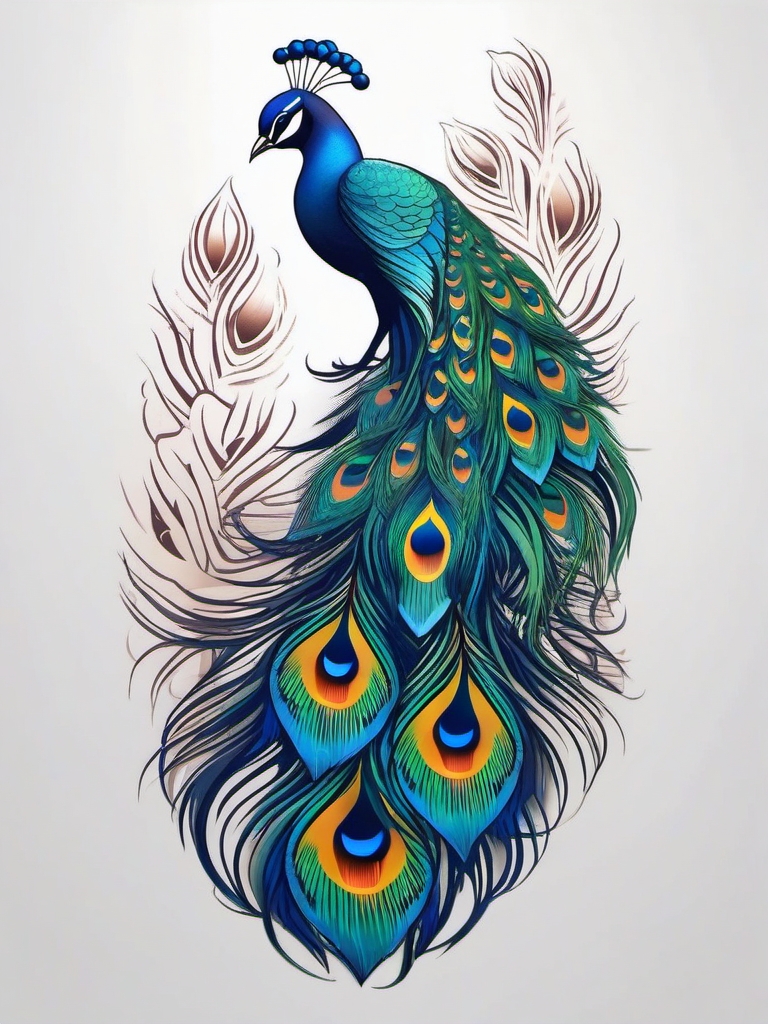 Peacock tattoo with otherworldly, celestial feathers.  color tattoo style, minimalist design, white background