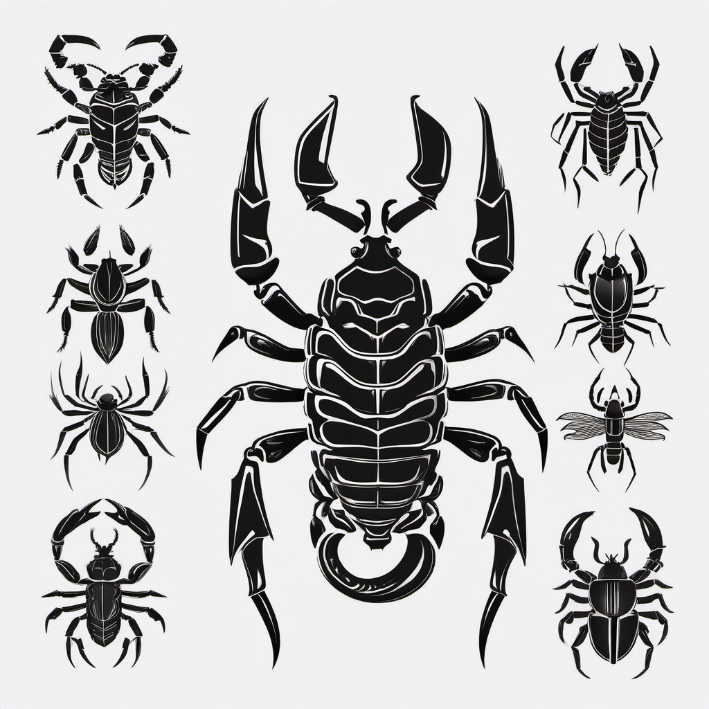 Scorpion Drawings for Tattoos - Explore various artistic renditions of scorpions for tattoo inspiration.  simple vector color tattoo,minimal,white background