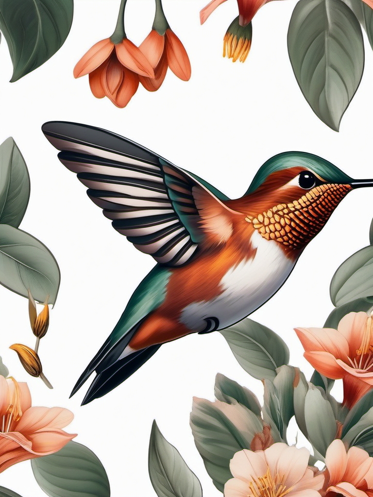 Rufous hummingbird tattoo in a timeless, infinite gaze, with subtle warbler characteristics.  color tattoo style, minimalist design, white background