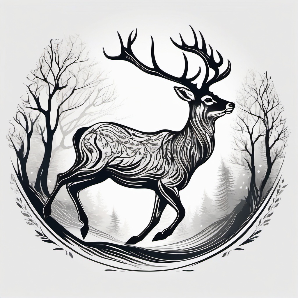 Deer Tattoo - Graceful deer leaping through a forest, symbolizing gentleness  few color tattoo design, simple line art, design clean white background