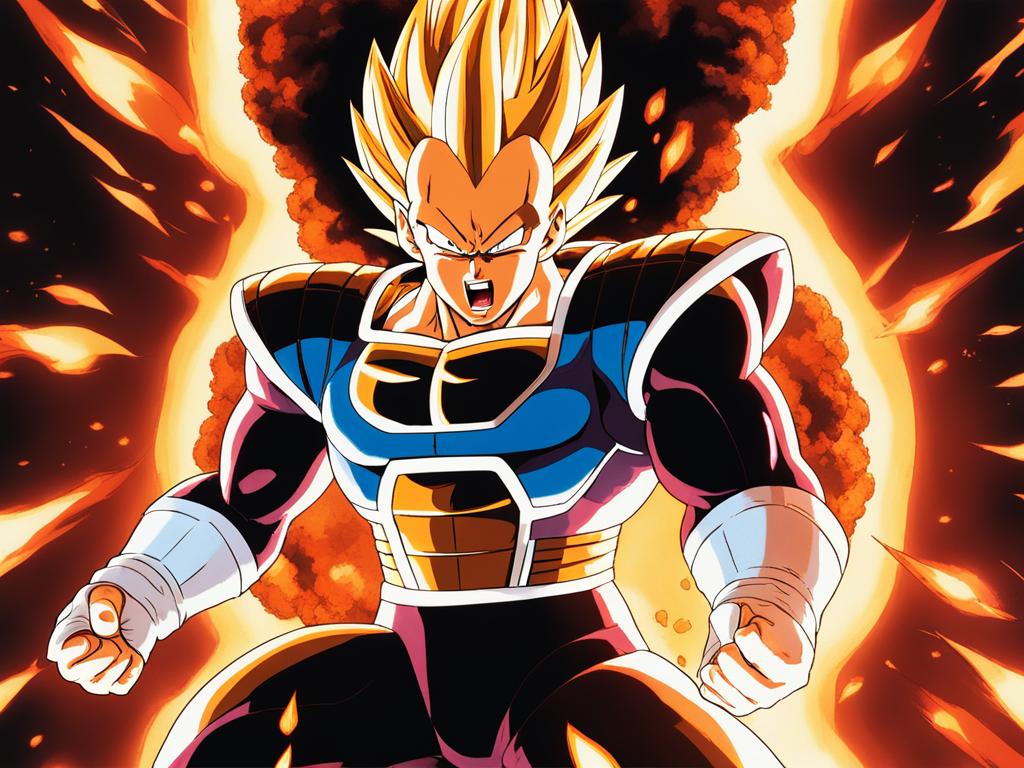 vegeta charges a devastating energy attack, surrounded by fiery explosions. 