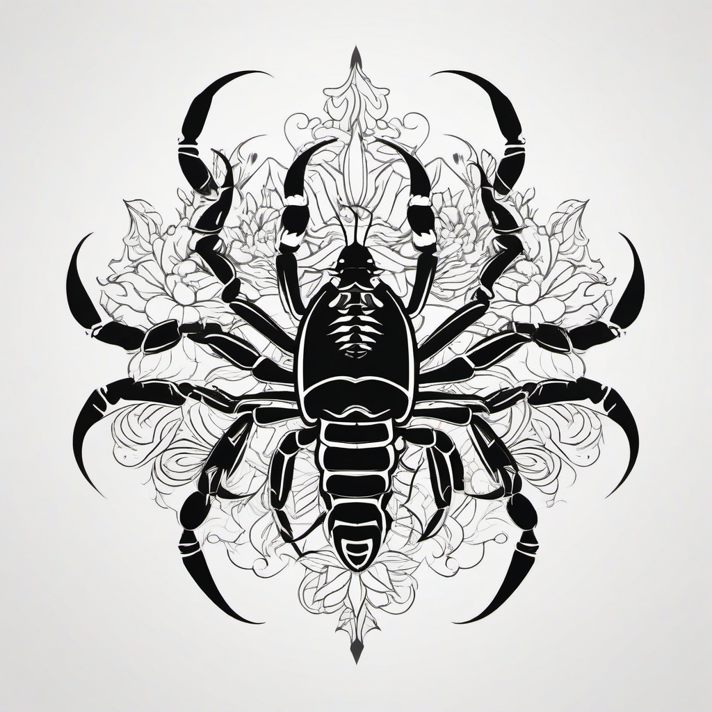 Scorpion Flower Tattoo - Combine floral elements with the strength of a scorpion in a captivating and artistic tattoo design.  simple vector color tattoo,minimal,white background