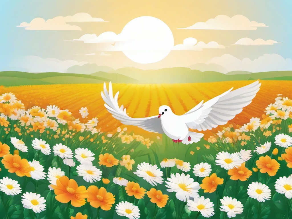 Dove landing on a field of flowers clipart.  vector style illustration, white background