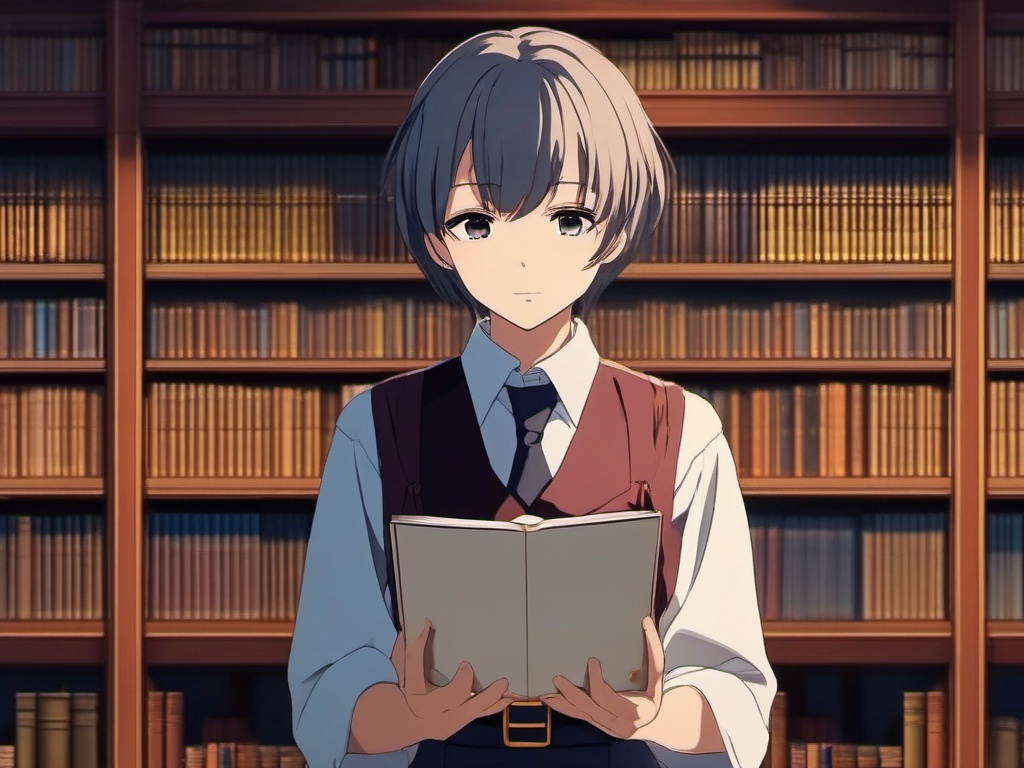 Resilient anime scholar in a dusty library.  front facing ,centered portrait shot, cute anime color style, pfp, full face visible