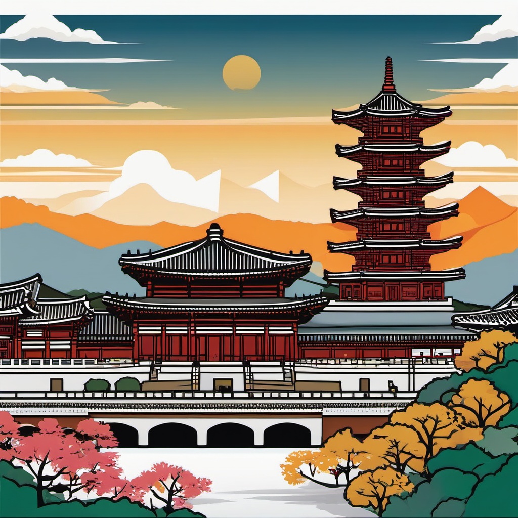 Seoul clipart - Gyeongbokgung Palace and Seoul skyline, ,color clipart vector style