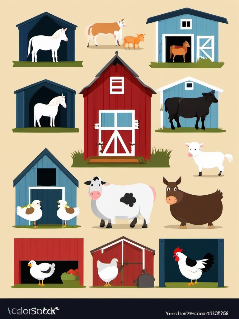 Farm Animals in Barn clipart - Various farm animals inside a barn, ,vector color clipart,minimal