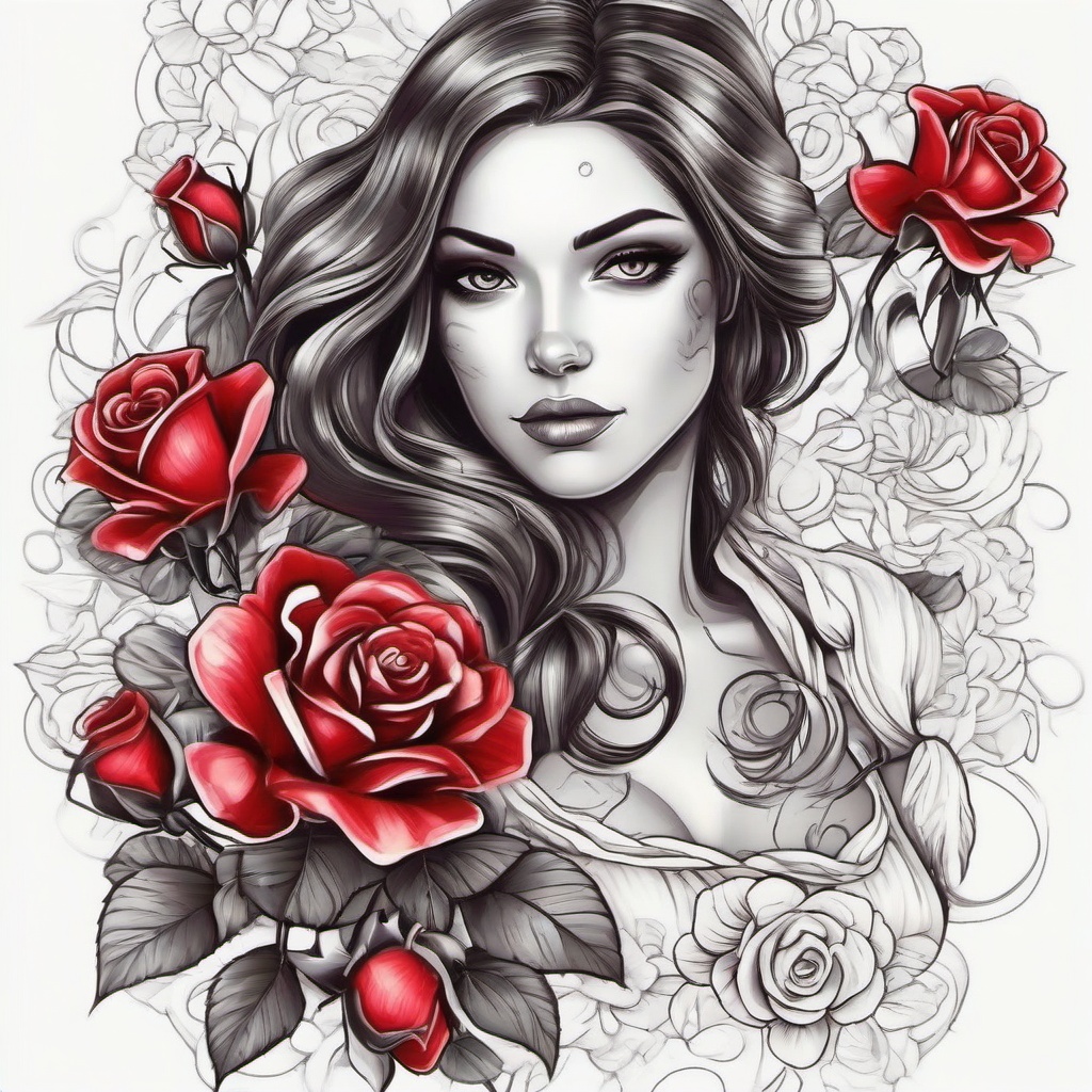 Flor roja con rosas blancas  ,tattoo design, white background