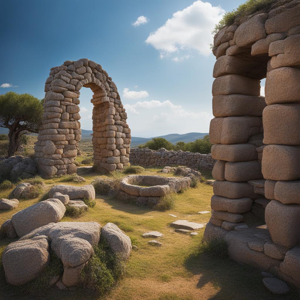 sardinian nuragic ruins - create an artwork that evokes the mystery of sardinia's nuragic ruins, with their ancient stone structures and legends. 