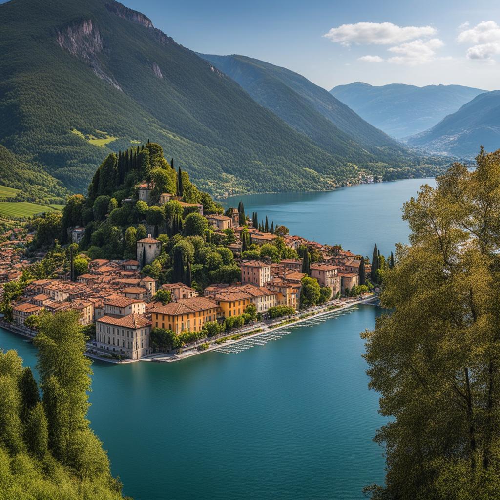 scenic beauty of lake iseo - paint a scenic view of lake iseo in lombardy, with its tranquil waters and charming lakeside towns. 