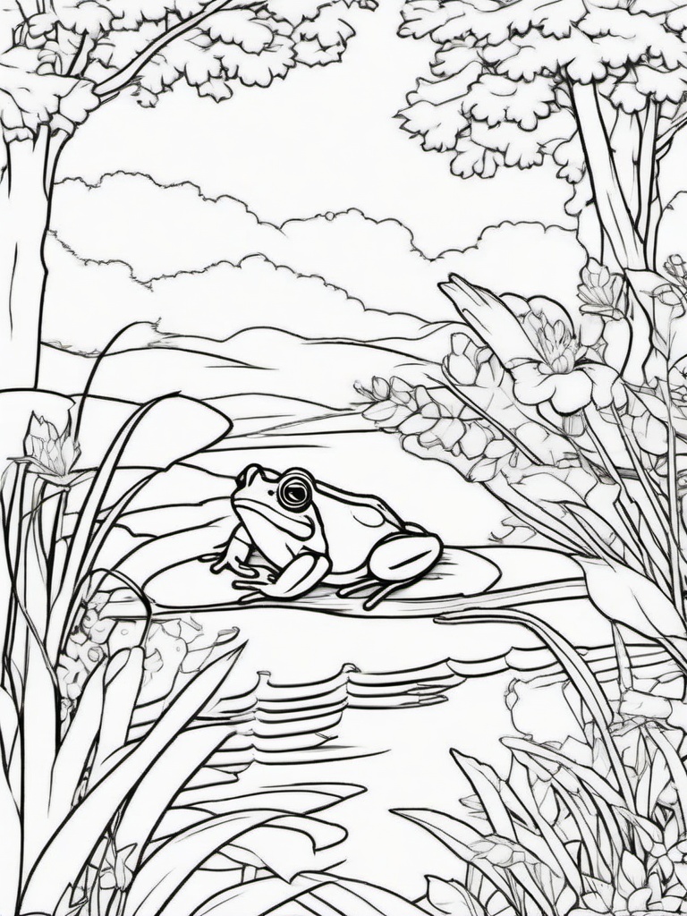 Frog Coloring Pages - Frog friends having a picnic by the pond  simple coloring pages