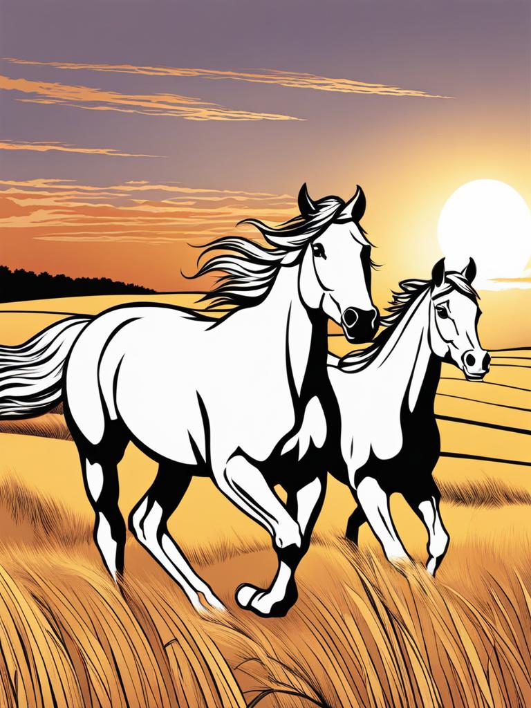 horse coloring pages - horses gallop across a golden field in the warm glow of sunset. 