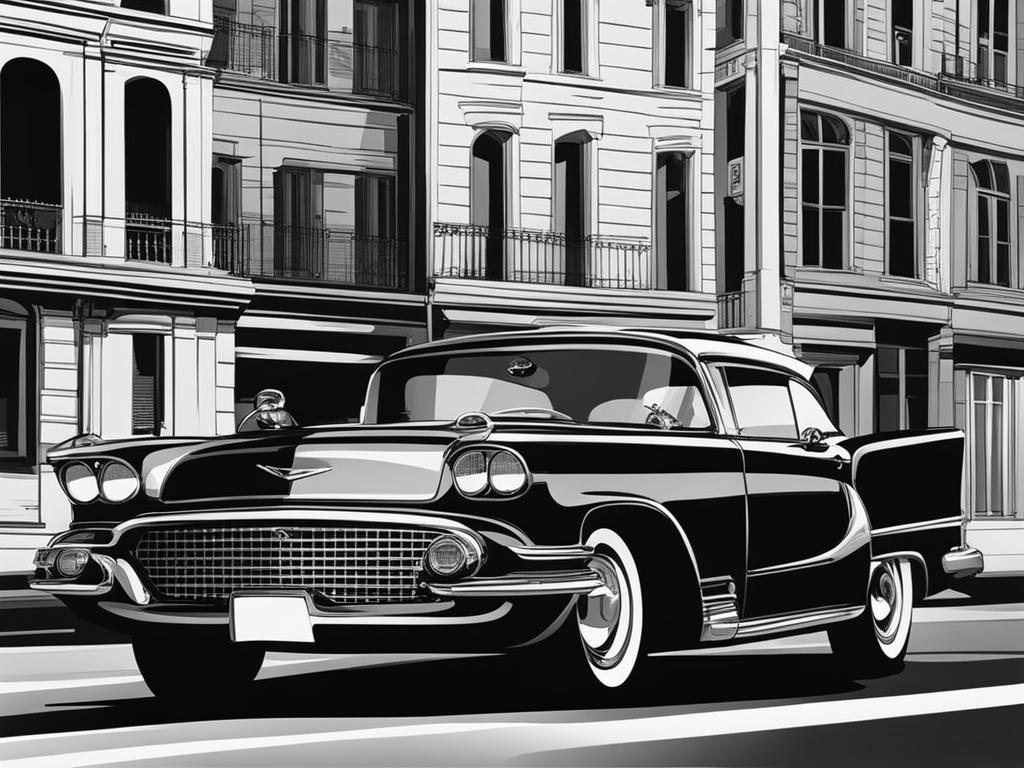 car clipart black and white on a city street - with sleek and timeless design. 