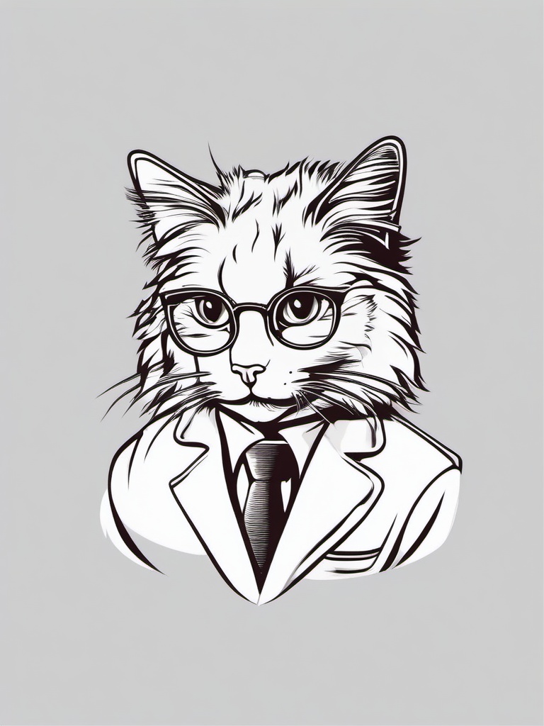 Cat as a bumbling scientist with wild hair  minimalist design, white background, t shirt vector art