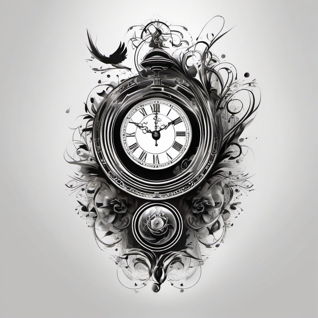 Pendulum clock tattoo: Swaying motion capturing the rhythmic passage of time.  black white tattoo, white background