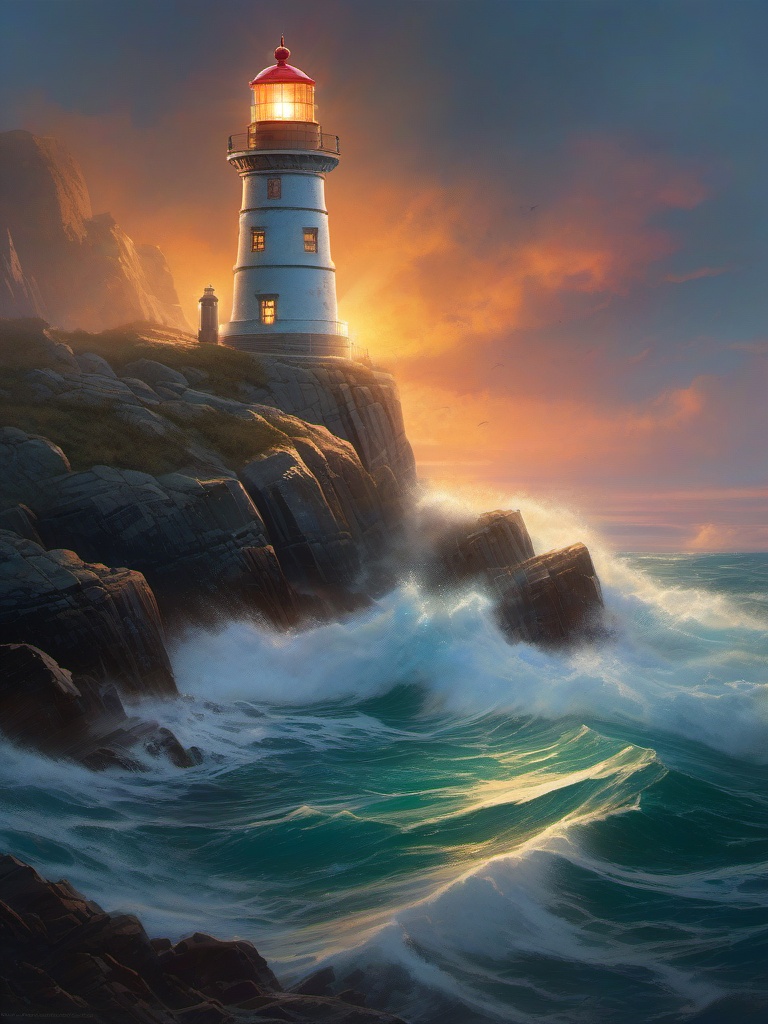 Time-worn lighthouse, perched on a rocky promontory, stands as a steadfast sentinel, guiding ships through treacherous waters with its luminous beacon. hyperrealistic, intricately detailed, color depth,splash art, concept art, mid shot, sharp focus, dramatic, 2/3 face angle, side light, colorful background