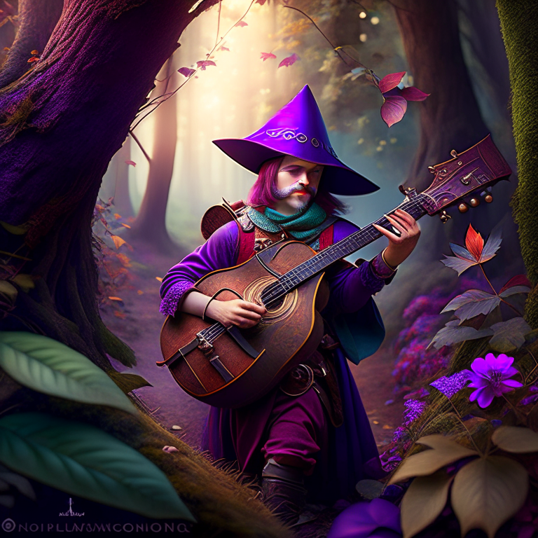 wandering minstrel with a magical lute, spreading tales of fantastical adventures. 