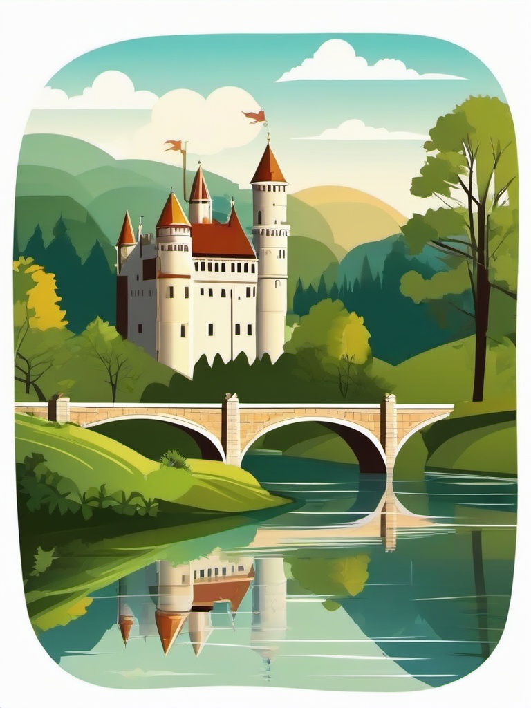 Castle overlooking a river in the countryside clipart.  vector style illustration, white background