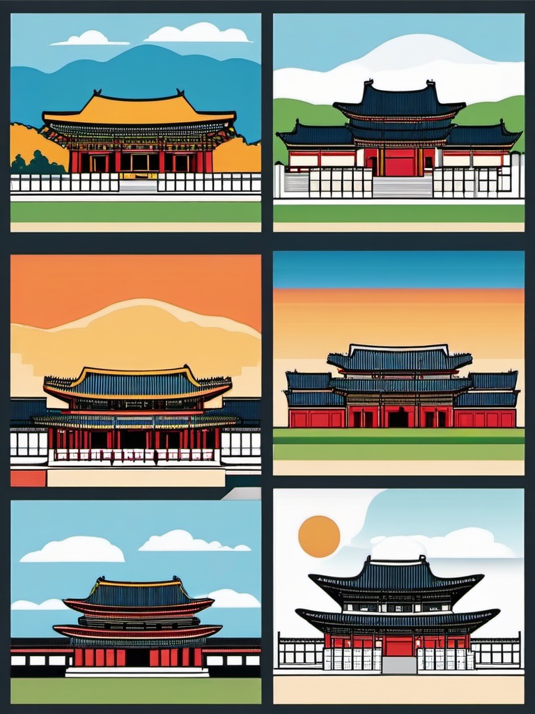 Seoul clipart - Gyeongbokgung Palace and Seoul skyline,  color clipart, vector art