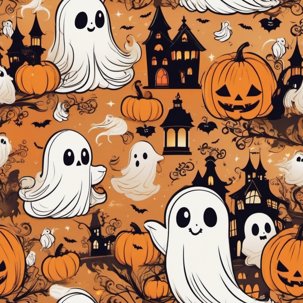 Cute Halloween Wallpaper - Cute Ghosts and Pumpkins in Salem  wallpaper style, intricate details, patterns, splash art, light colors