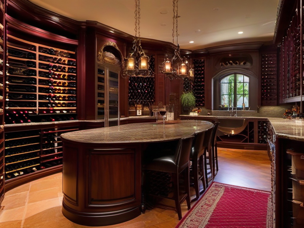 In the wine cellar, Italian Renaissance interior design features ornate racks, rich colors, and elegant decor that create a sophisticated space for wine enthusiasts to enjoy.  