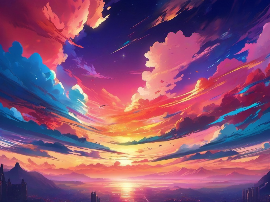 Anime Sky Wallpaper Vibrant World of Anime with Colorful Skies wallpaper splash art, vibrant colors, intricate patterns