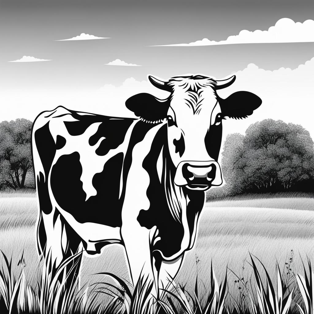 cow clipart black and white in a grassy field - showcasing charming spots. 