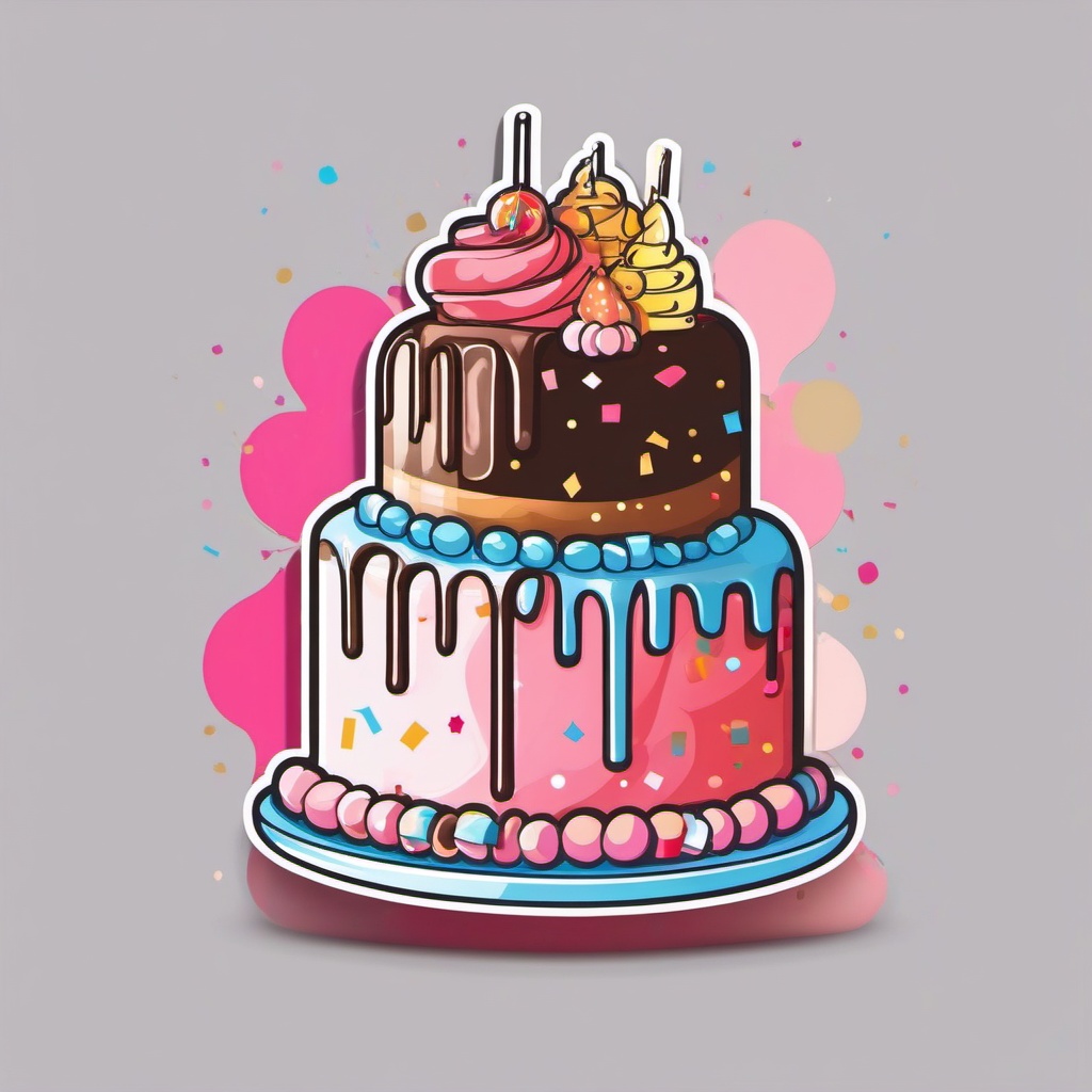 Cake and Confetti Sticker - Celebration cake with confetti, ,vector color sticker art,minimal