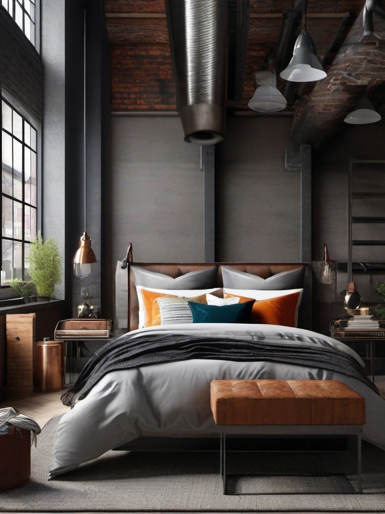 Industrial Loft Bedroom - Incorporate industrial elements for an edgy and stylish loft-inspired bedroom. , bedroom interior decor design ideas, multicoloured, photo realistic, hyper detail, high resolution,