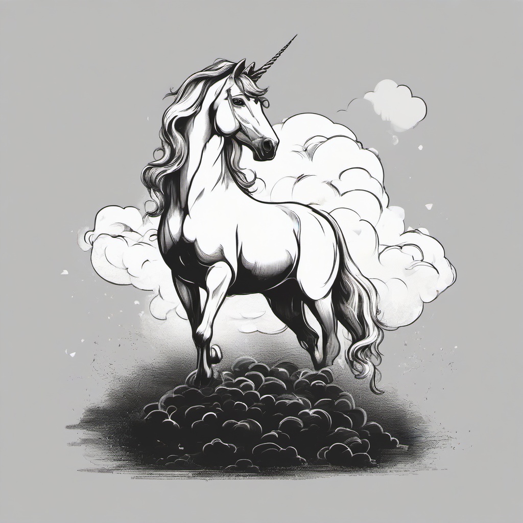 drawing of a unicorn standing on a cloud  minimal rough sketch scribbles,doodles,black and white