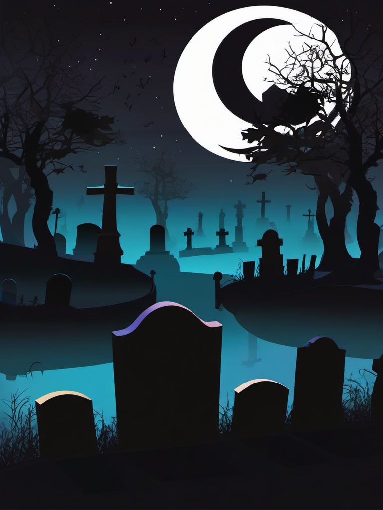 Spooky Cemetery clipart - Mysterious cemetery at night, ,vector color clipart,minimal