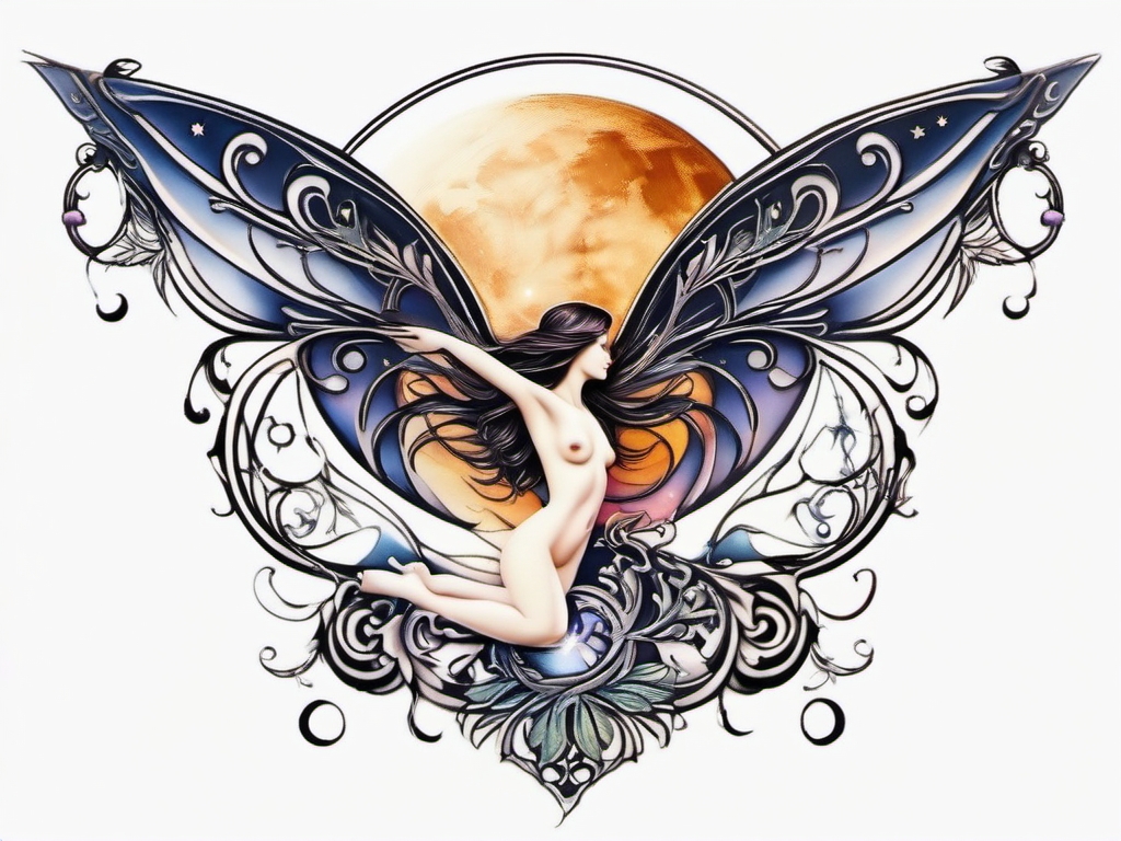 fairy moon tattoo  simple color tattoo style,white background