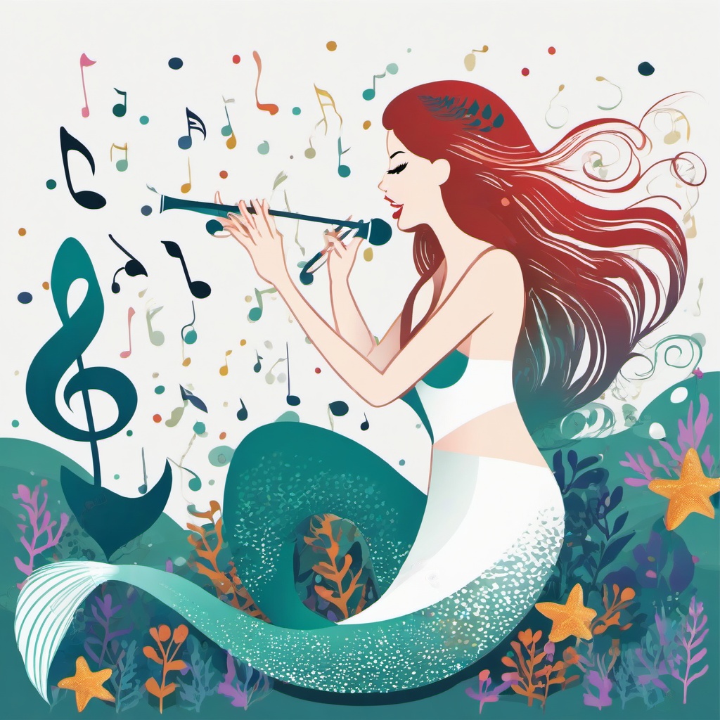 Mermaid clipart - mermaid singing with musical notes around  color,minimalist,vector clipart