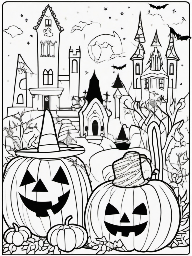 Halloween Party Coloring Pages - Spooky Fun and Costumes  minimal black outline printable sheet, coloring page