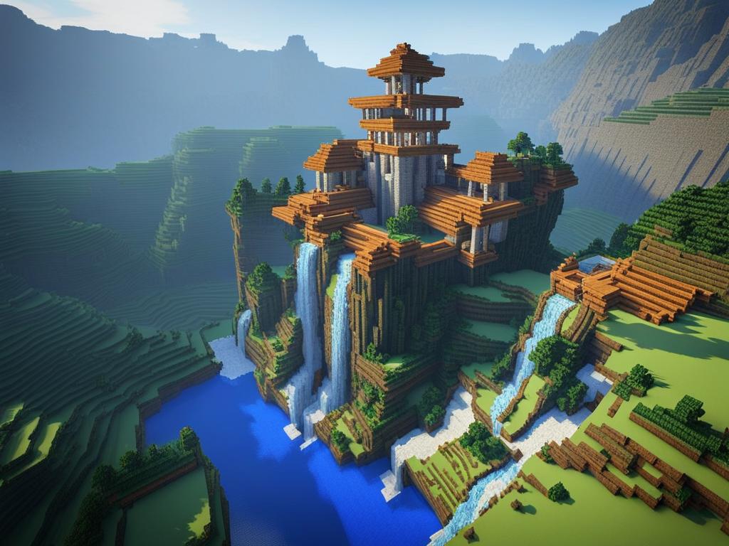 mountain fortress with cascading waterfalls - minecraft house design ideas minecraft block style