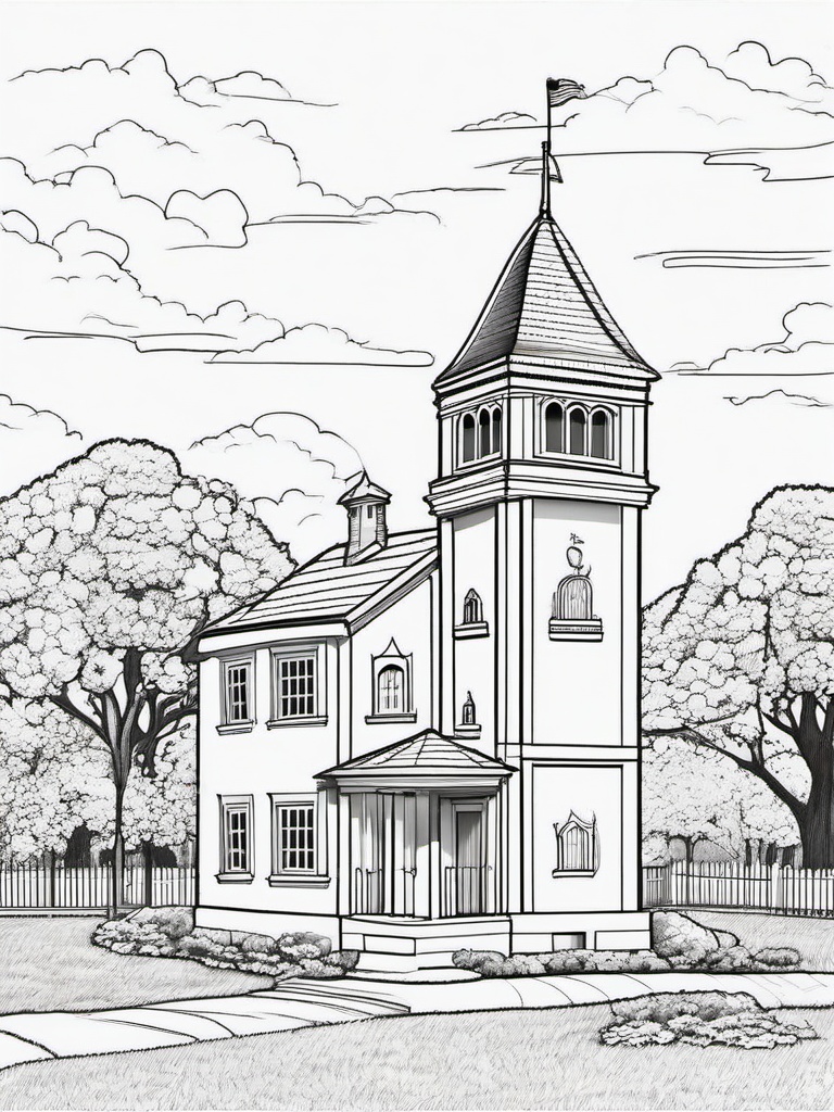 House Coloring Pages - Schoolhouse with a bell tower and playground  simple coloring pages