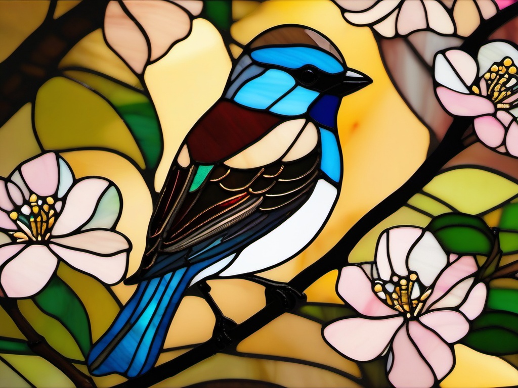 Stained Glass Sparrow - Sparrow on blossoming branch  