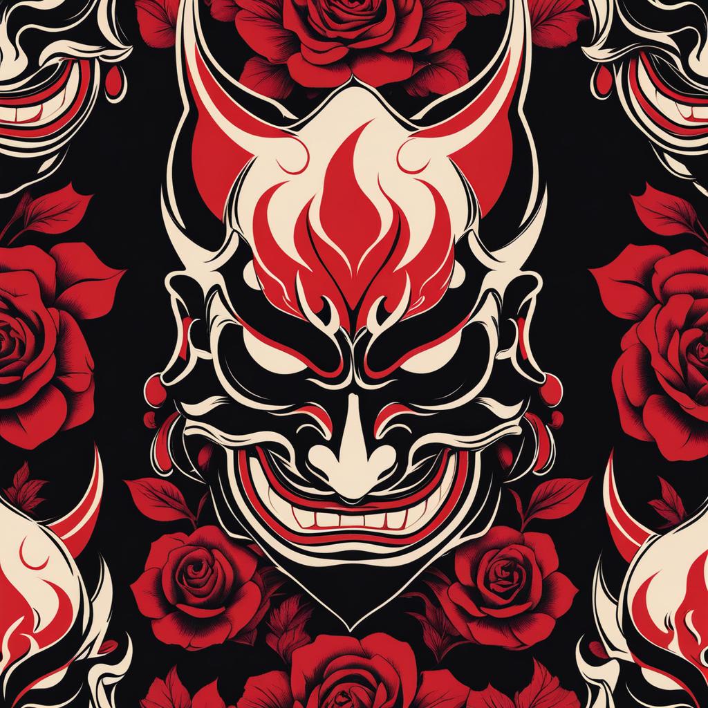 hannya mask tattoo minimalist color design 