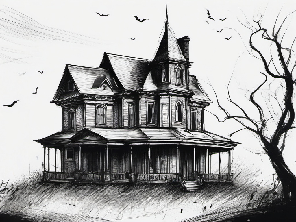 drawing of a haunted house  minimal rough sketch scribbles,doodles,black and white